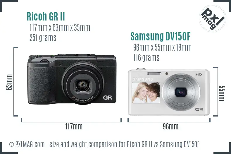 Ricoh GR II vs Samsung DV150F size comparison