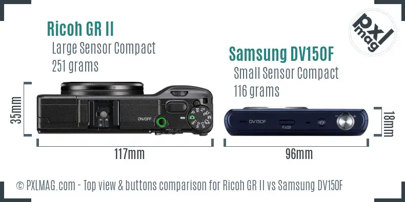 Ricoh GR II vs Samsung DV150F top view buttons comparison