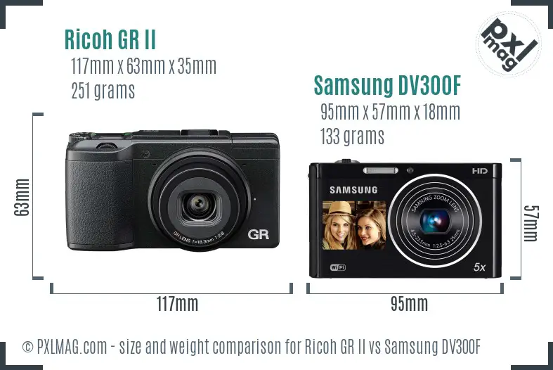 Ricoh GR II vs Samsung DV300F size comparison