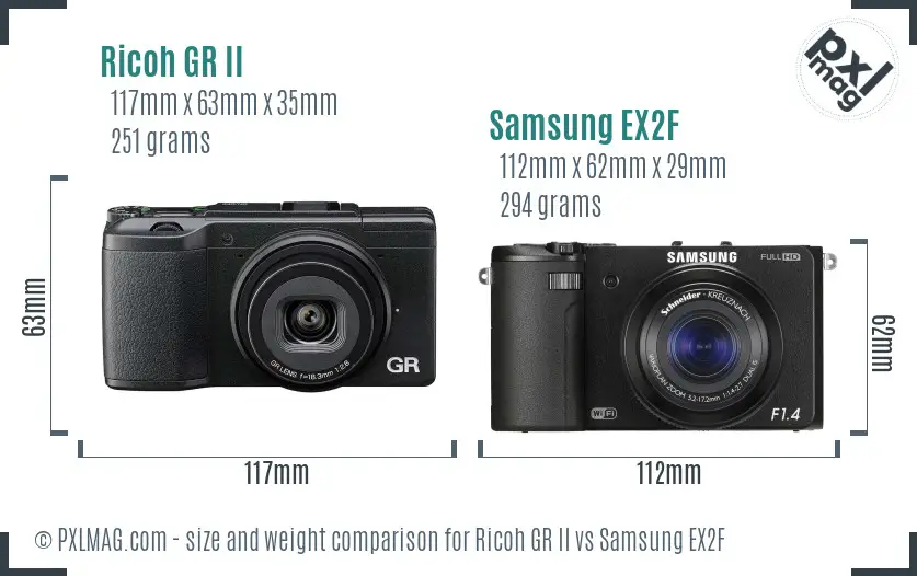 Ricoh GR II vs Samsung EX2F size comparison