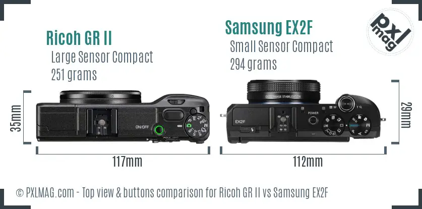 Ricoh GR II vs Samsung EX2F top view buttons comparison