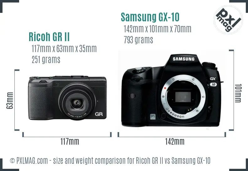 Ricoh GR II vs Samsung GX-10 size comparison