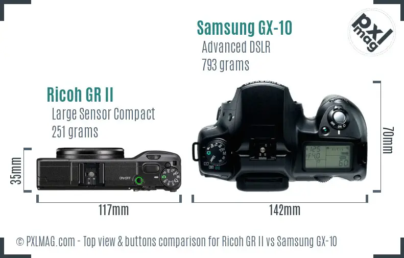 Ricoh GR II vs Samsung GX-10 top view buttons comparison