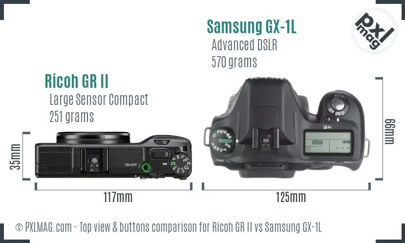 Ricoh GR II vs Samsung GX-1L top view buttons comparison