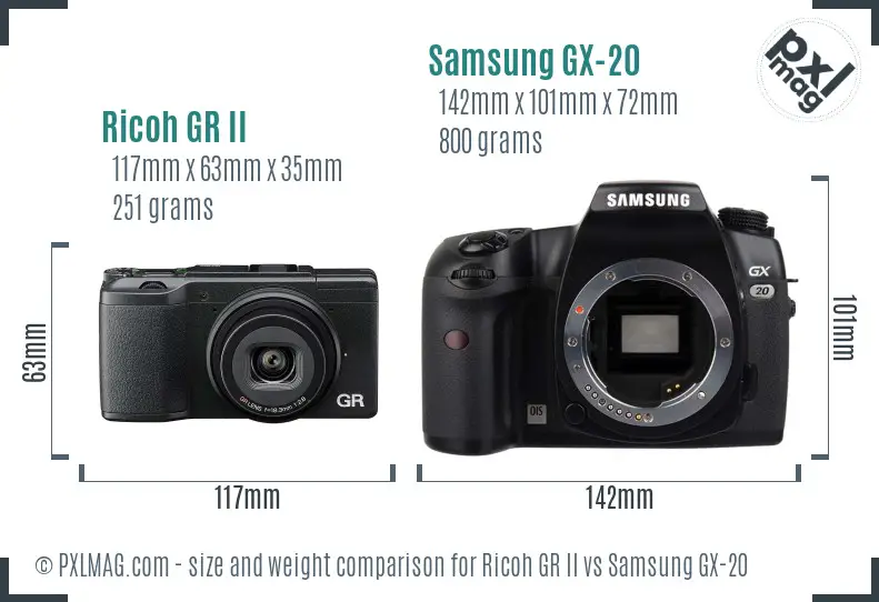 Ricoh GR II vs Samsung GX-20 size comparison