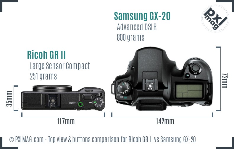 Ricoh GR II vs Samsung GX-20 top view buttons comparison