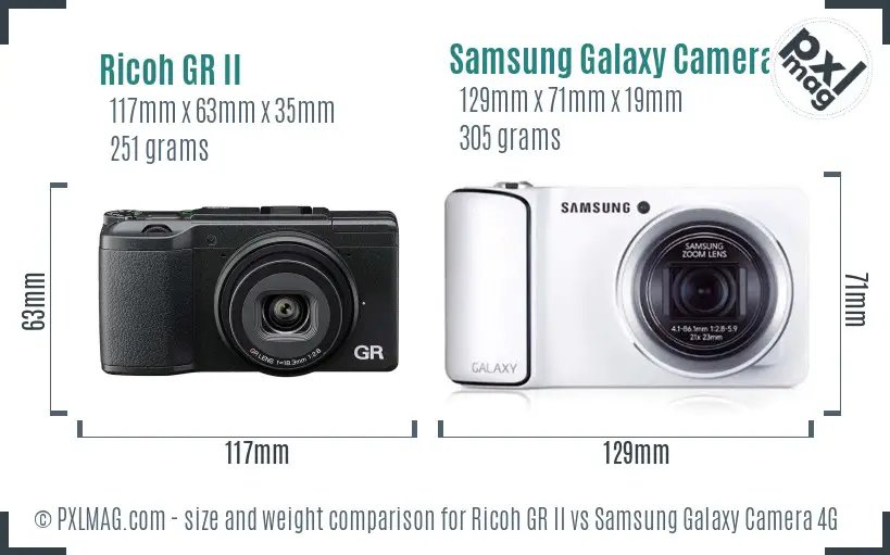 Ricoh GR II vs Samsung Galaxy Camera 4G size comparison