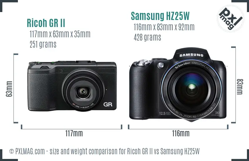 Ricoh GR II vs Samsung HZ25W size comparison
