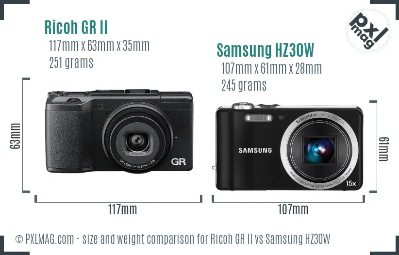 Ricoh GR II vs Samsung HZ30W size comparison