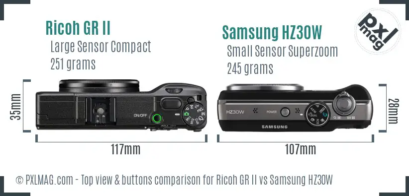 Ricoh GR II vs Samsung HZ30W top view buttons comparison