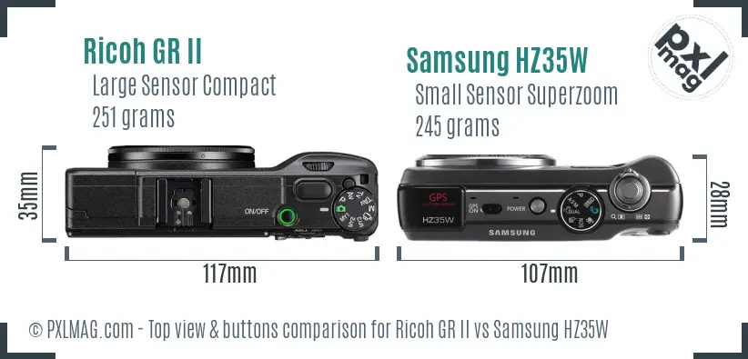 Ricoh GR II vs Samsung HZ35W top view buttons comparison