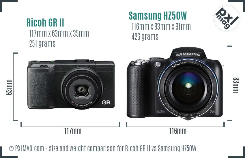 Ricoh GR II vs Samsung HZ50W size comparison