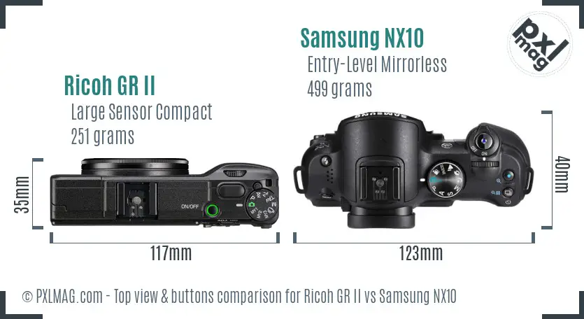 Ricoh GR II vs Samsung NX10 top view buttons comparison