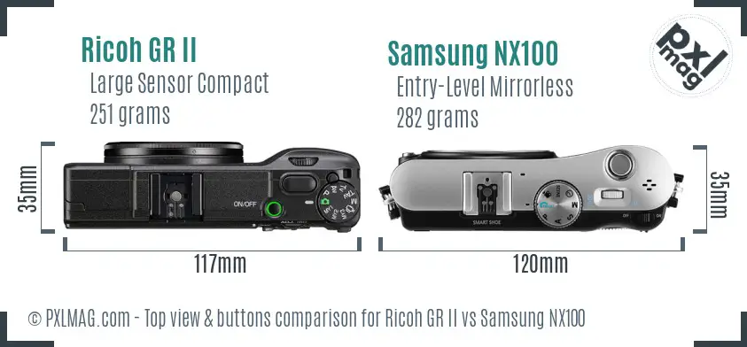 Ricoh GR II vs Samsung NX100 top view buttons comparison