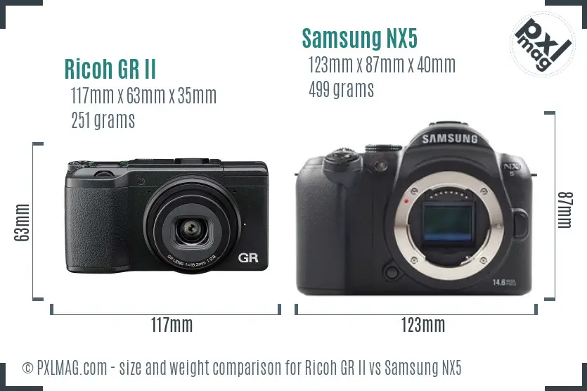 Ricoh GR II vs Samsung NX5 size comparison