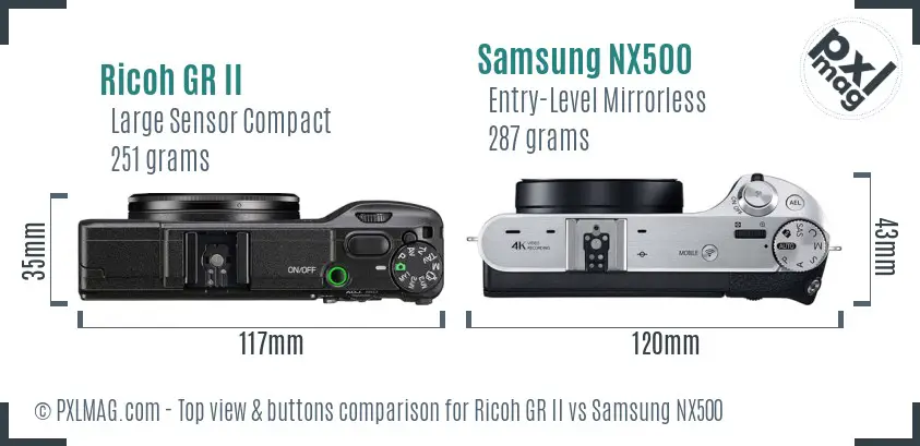 Ricoh GR II vs Samsung NX500 top view buttons comparison