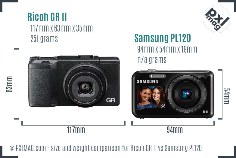 Ricoh GR II vs Samsung PL120 size comparison