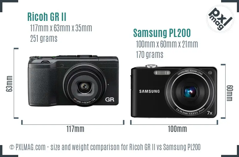 Ricoh GR II vs Samsung PL200 size comparison