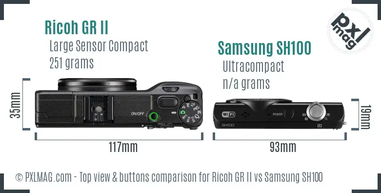 Ricoh GR II vs Samsung SH100 top view buttons comparison