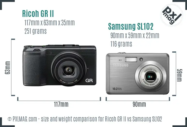 Ricoh GR II vs Samsung SL102 size comparison