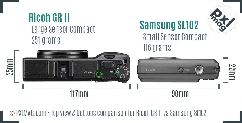 Ricoh GR II vs Samsung SL102 top view buttons comparison