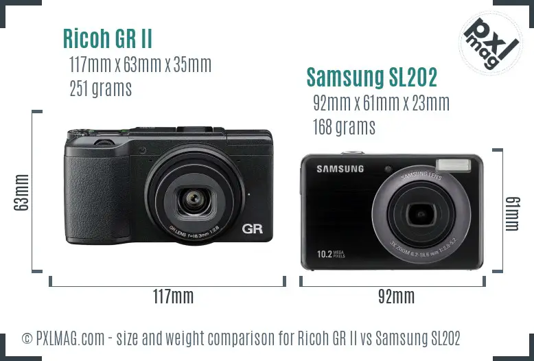 Ricoh GR II vs Samsung SL202 size comparison