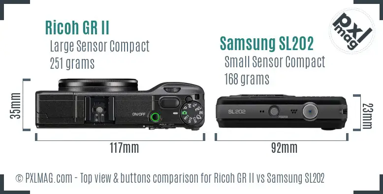 Ricoh GR II vs Samsung SL202 top view buttons comparison