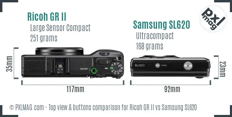 Ricoh GR II vs Samsung SL620 top view buttons comparison