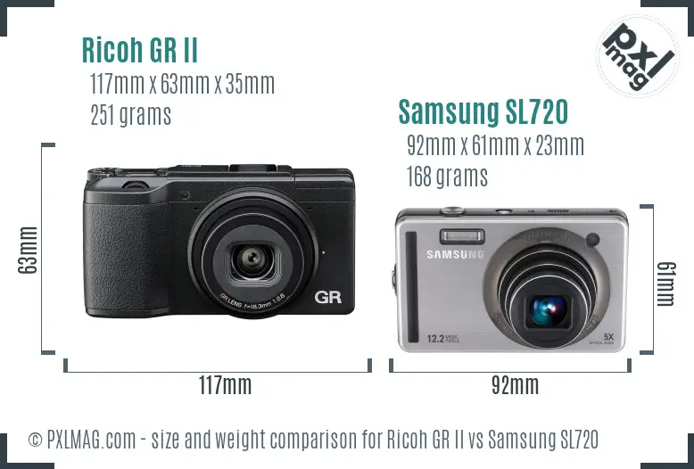 Ricoh GR II vs Samsung SL720 size comparison