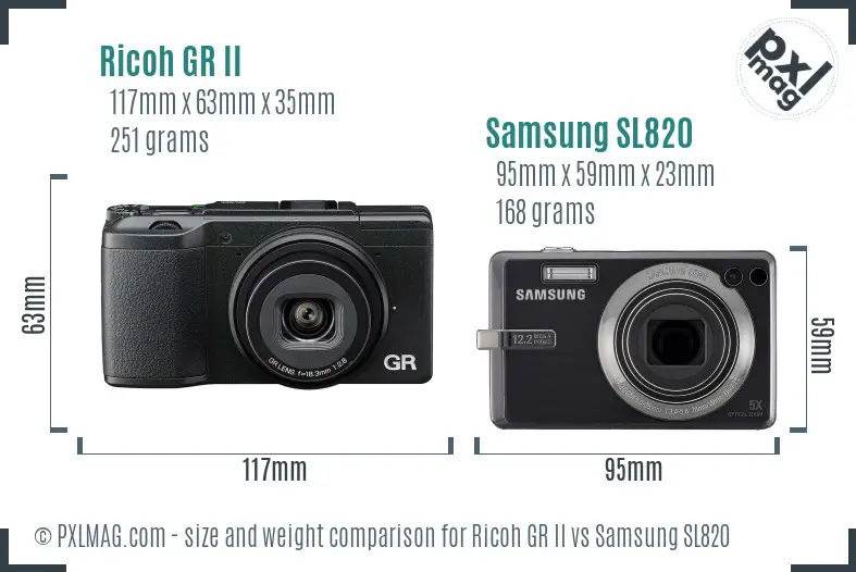 Ricoh GR II vs Samsung SL820 size comparison