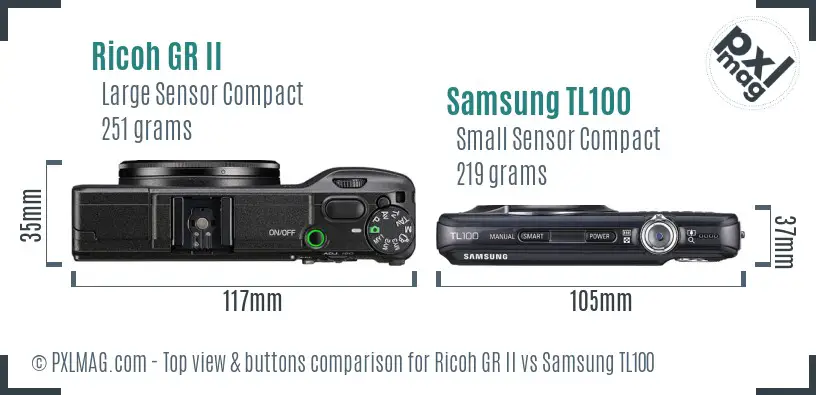 Ricoh GR II vs Samsung TL100 top view buttons comparison