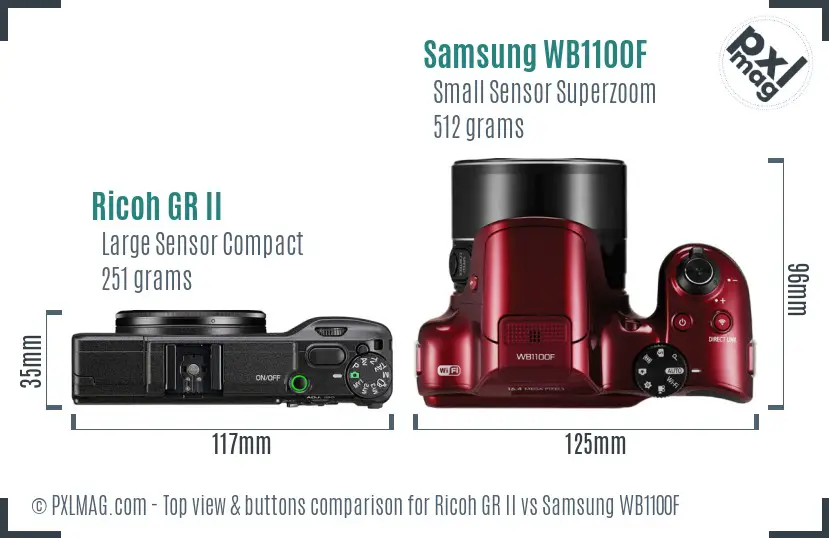 Ricoh GR II vs Samsung WB1100F top view buttons comparison