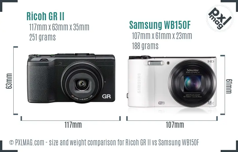 Ricoh GR II vs Samsung WB150F size comparison