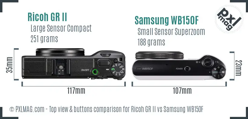 Ricoh GR II vs Samsung WB150F top view buttons comparison