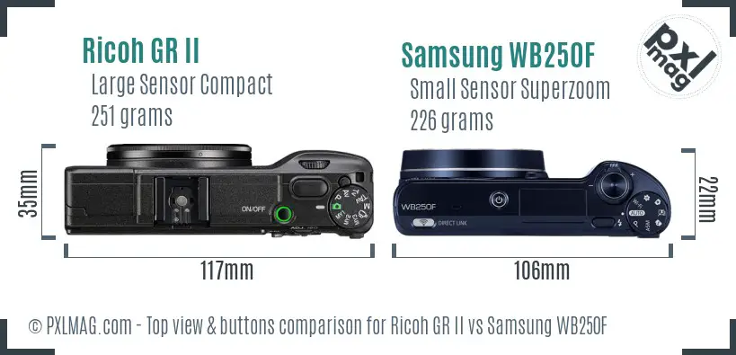 Ricoh GR II vs Samsung WB250F top view buttons comparison