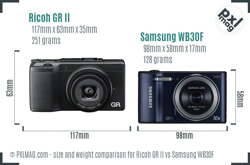 Ricoh GR II vs Samsung WB30F size comparison