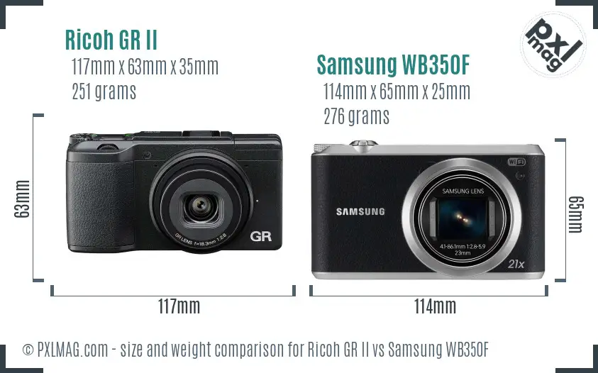 Ricoh GR II vs Samsung WB350F size comparison