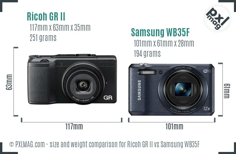 Ricoh GR II vs Samsung WB35F size comparison
