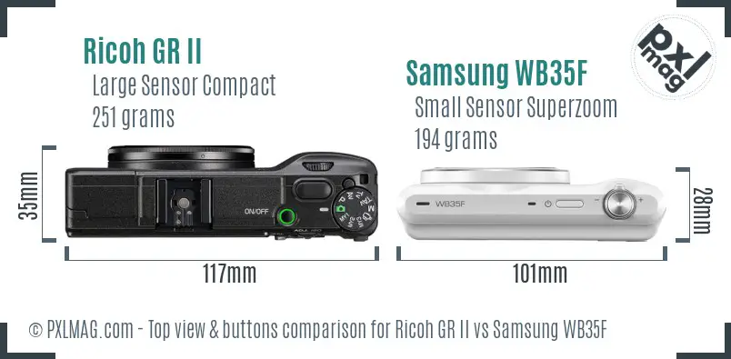 Ricoh GR II vs Samsung WB35F top view buttons comparison