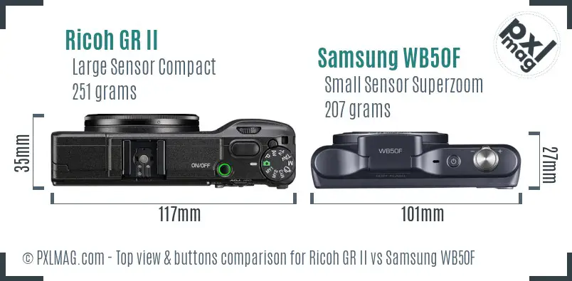 Ricoh GR II vs Samsung WB50F top view buttons comparison
