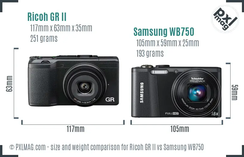Ricoh GR II vs Samsung WB750 size comparison