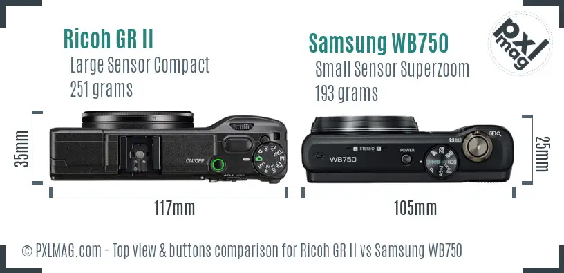 Ricoh GR II vs Samsung WB750 top view buttons comparison
