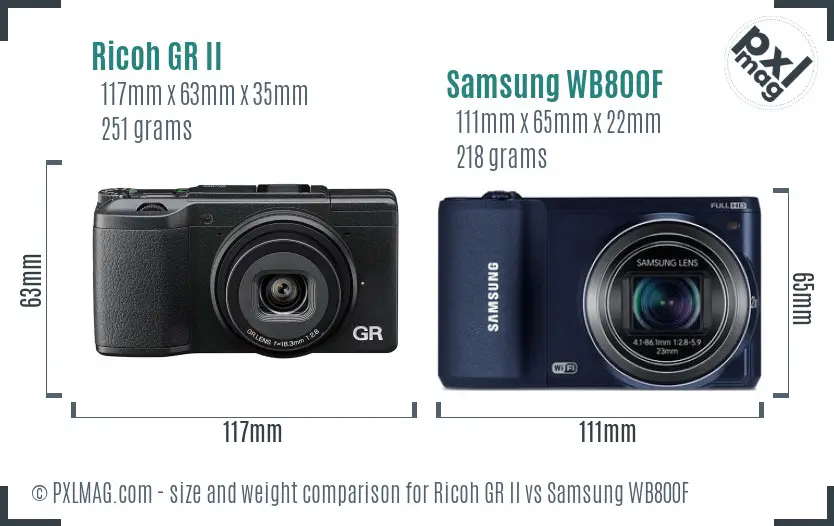 Ricoh GR II vs Samsung WB800F size comparison