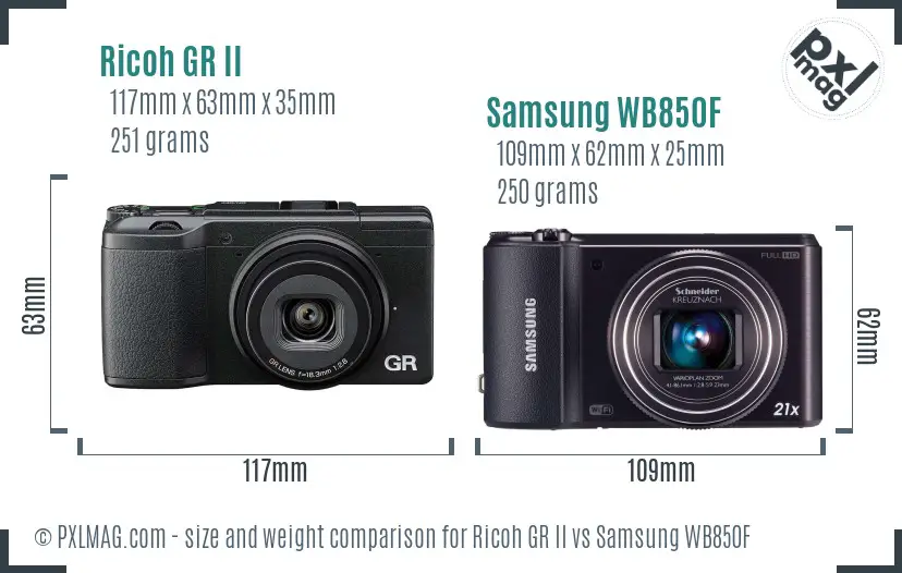 Ricoh GR II vs Samsung WB850F size comparison