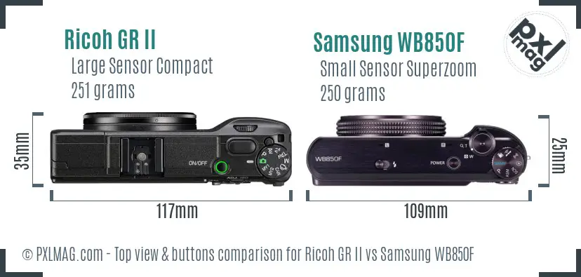 Ricoh GR II vs Samsung WB850F top view buttons comparison