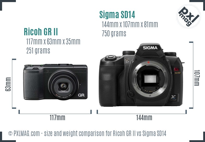 Ricoh GR II vs Sigma SD14 size comparison
