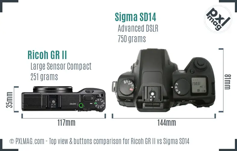 Ricoh GR II vs Sigma SD14 top view buttons comparison