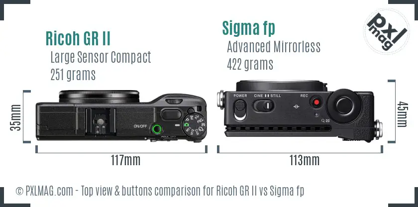 Ricoh GR II vs Sigma fp top view buttons comparison