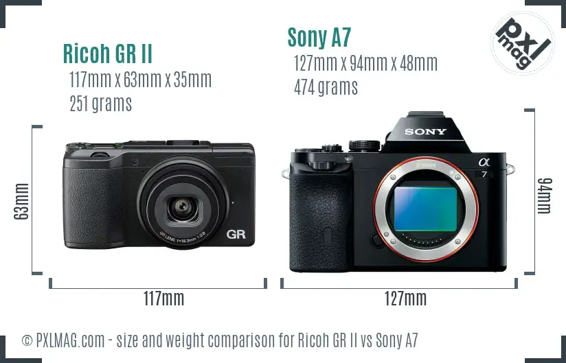 Ricoh GR II vs Sony A7 size comparison