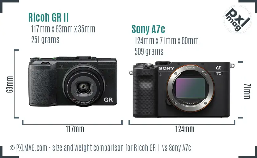 Ricoh GR II vs Sony A7c size comparison